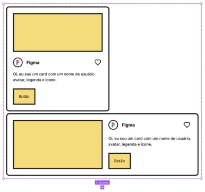 Print de um componente de card, composto por um espaço para imagem, ícone, título, descrição e um botão de ação. Nele, há duas variantes, sendo que a primeira é um Card vertical, e a segunda um Card horizontal. 