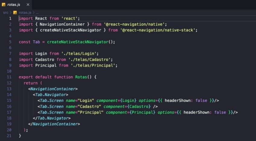 Imagem mostra o código do arquivo de rotas que contém a importação das telas 