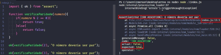Captura de tela colorida em recorte. Tela do editor de texto Visual Studio Code com o fundo em azul escuro e letras brancas, rosas, verdes e roxas, onde temos a esquerda o código, escrito:import {ok} from 'assert';function verificaParidade(numero){if(numero % 2 === 0){    return true;}else{    return false;}}ok(verificaParidade(2), 'O número deveria ser par');ok(verificaParidade(3), 'O número deveria ser par');À esquerda é apresentado o terminal escrito: C:\Users\Emerson\Desktop\erros no node> node .\index.jsnode:internal/process/esm_loader:97    internalBinding('errors').triggerUncaughtException(                          ^AssertionError [ERR_ASSERTION]: O número deveria ser parat file:///C:/Users/Emerson/Desktop/erros%20no%20node/index.js:13:1at ModuleJob.run (node:internal/modules/esm/module_job:193:25)at async Promise.all (index 0)at async ESMLoader.import (node:internal/modules/esm/loader:526:24)at async loadESM (node:internal/process/esm_loader:91:5)at async handleMainPromise (node:internal/modules/run_main:65:12) {  generatedMessage: false,  code: 'ERR_ASSERTION',  actual: false,  expected: true,  operator: '=='}Onde os trechos “AssertionError [ERR_ASSERTION]: O número deveria ser par.”,”index.js/13.1”, “actual:false, expected:true” estão selecionados com uma borda vermelha. 