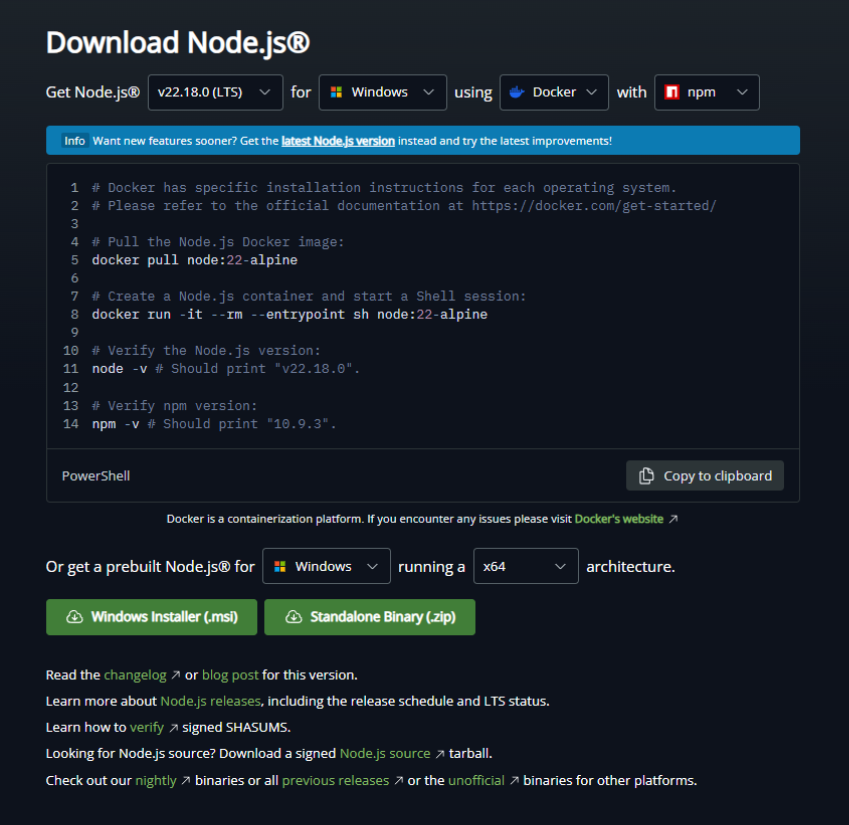 Captura de tela da página de download do Node.js mostrando a opção de download para Windows, destacando o botão "Windows Installer (.msi)" 