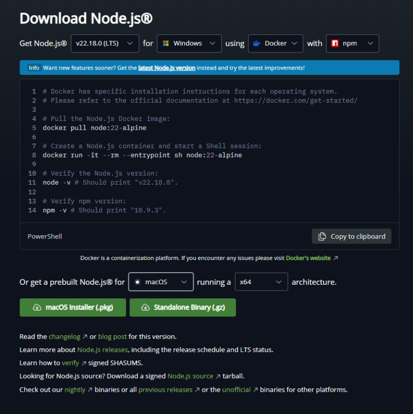 Captura de tela da página de download do Node.js mostrando a opção de download para macOS, com o botão "macOS Installer (.pkg)" em destaque.
