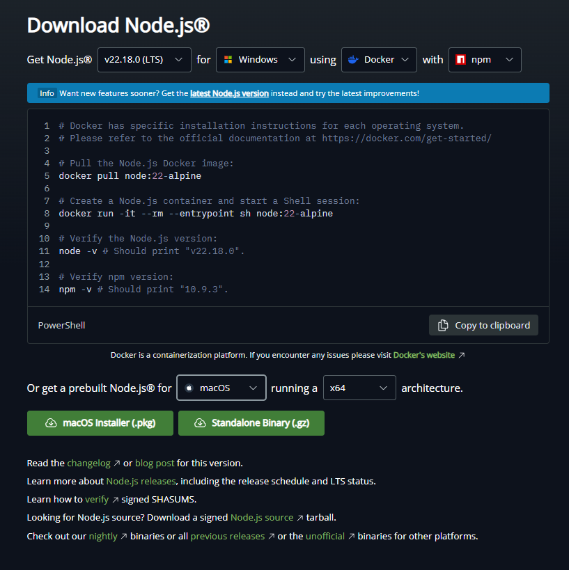 Captura de tela da página de download do Node.js mostrando a opção de download para macOS, com o botão "macOS Installer (.pkg)" em destaque.
