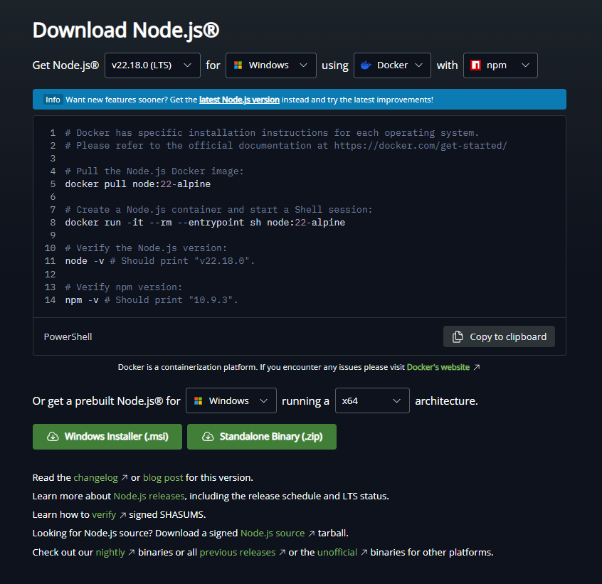 Captura de tela da página de download do Node.js mostrando a opção de download para Windows, destacando o botão "Windows Installer (.msi)"