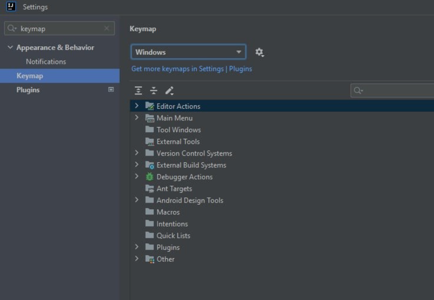 Configurações do intelliJ. Do lado esquerdo da tela está selecionada a configuração keymap na lista de opções. 