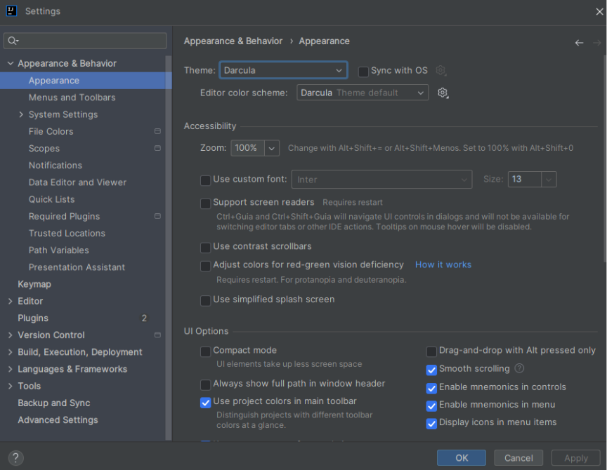 Configurações do intelliJ. À esquerda da tela está selecionada a opção Appearance. 