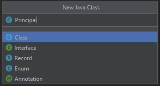 Opção “New Java Class” com as seguintes opções de arquivos: Class, Interface, Record, Enum e Annotation. 