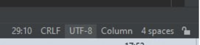 Parte inferior direita do IntelliJ com as respectivas informações: linha:coluna, separador de linha, codificação de arquivo, column (coluna) e indentação. 