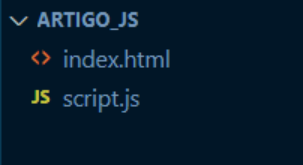 Imagem colorida. Captura de tela da parte de arquivos do editor de código Visual Studio Code, com fundo azul escuro. Na parte superior temos um símbolo semelhante a uma seta apontando para baixo, como um botão para fechar ou minimizar arquivos. Ao lado o nome “ARTIGO_JS” em negrito. Abaixo disso um símbolo de código e ao lado o nome “index.html”. Abaixo disso, um símbolo “JS” e ao lado o nome “script.js”. 