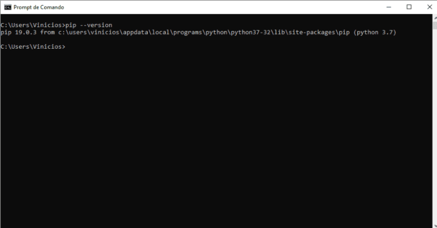 Tela do Prompt de Comando com o comando “pip --version” e o retorno do comando com a mensagem “pip 19.0.3” 