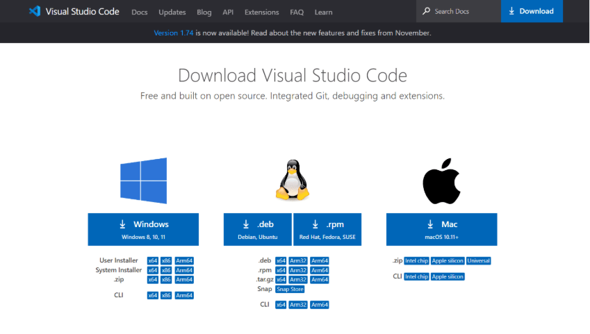 Página de download do Visual Studio Code com as logos do Windows, Linux, e Mac e um botão azul abaixo de cada um deles para realizar o download da IDE. 