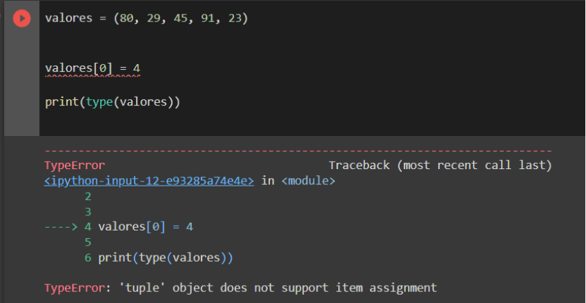 IDE Jupyter Notebook exibindo o retorno”TypeError: ‘tuple’ object does not support item assignment 