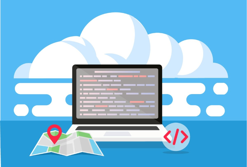 Ilustração conceitual representando IDEs e ferramentas de programação integradas com AWS: computador exibindo código-fonte, mapa simbolizando implantação em regiões AWS e tag representando marcação de recursos. 