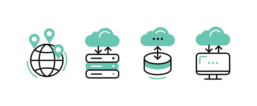 lustração conceitual de serviços cloud: globo terrestre com marcadores de localização, servidores de armazenamento, banco de dados cilíndrico e monitor de computador, todos conectados a nuvens em tons de verde-água, representando a infraestrutura distribuída da AWS. 