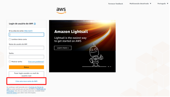 Página de login e/ou novo cadastro na AWS. No canto inferior esquerdo, em destaque, encontra-se um botão com o texto “Criar uma nova conta da AWS”. 
