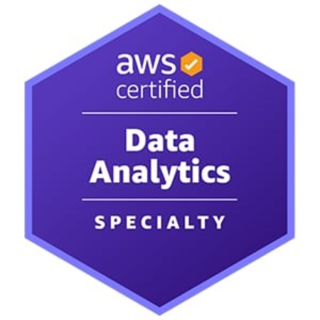 Selo de certificação AWS, em formato hexagonal e fundo roxo. Em branco, no interior do selo, encontra-se o nome da certificação “AWS Certified Data Analytics - Specialty”. 