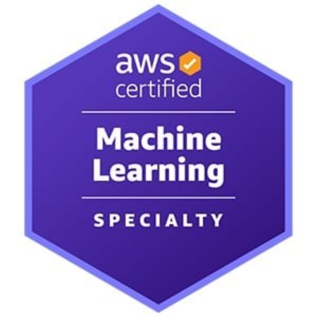 Selo de certificação AWS, em formato hexagonal e fundo roxo. Em branco, no interior do selo, encontra-se o nome da certificação “AWS Certified Machine Learning - Specialty”. 