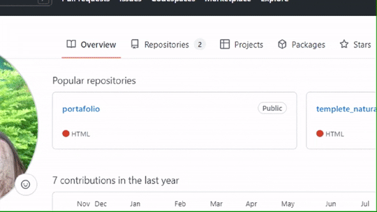 Animação mostrando a navegação no GitHub: página de perfil, clique em 'Repositories' e seleção de um repositório específico