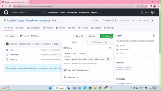 Animação demonstrando o clique no botão 'Code' e a seleção entre as opções HTTPS e SSH para clonar o repositório