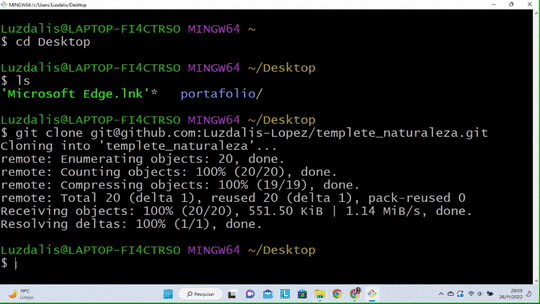 Gif com: terminal Git Bash; comando `$ ls`; pasta local com repositório clonado.