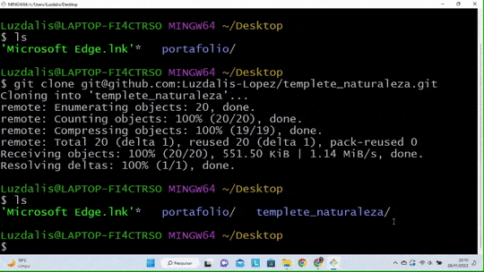Gif com: terminal Git Bash; comando `cd templete_naturaleza`; branch principal e arquivos do repositório clonado.