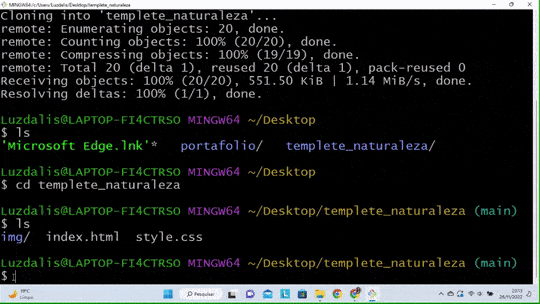 Animação do terminal Git Bash executando 'git log', mostrando o histórico completo de commits com autor, data e mensagens de commit