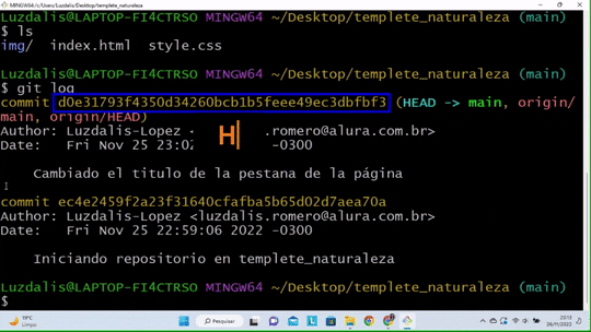 Animação destacando os componentes de um commit no terminal: hash identificador, informações do autor, timestamp e mensagem descritiva