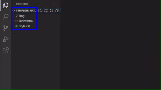 Animação navegando na interface do VS Code: explorador de arquivos à esquerda mostrando a estrutura do repositório clonado (pasta img, arquivos index.html e style.css)