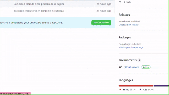Animação navegando no GitHub: acesso ao repositório publicado e clique no botão de configurações para acessar GitHub Pages e copiar a URL da página publicada