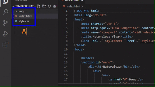 Interface do VS Code mostrando a criação de um novo arquivo README.md e a edição do conteúdo com o título do repositório e um link HTML para a página do GitHub Pages