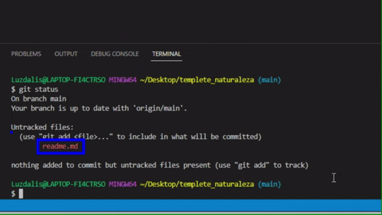 Terminal integrado mostrando a execução de 'git status' com o arquivo readme.md listado em vermelho como 'Untracked files', seguido do comando 'git add readme.md' para preparar o arquivo para commit