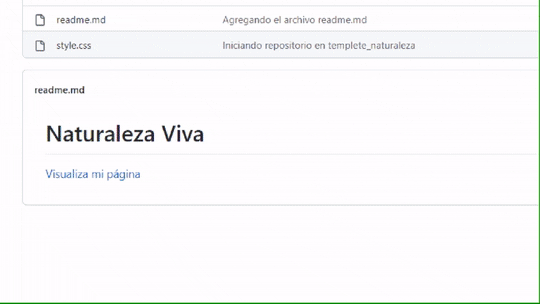 Animação mostrando a página do repositório no GitHub com o arquivo README.md renderizado, seguido do clique no link 'Visualize minha página' que abre a página web publicada no GitHub Pages