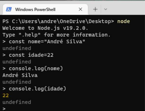 Terminal do Windows PowerShell, em fundo preto, exibindo uma sequência de comandos: `const nome = “André Silva”`; `const idade = 22`; `console.log(nome)` e `console.log(idade)`. Como respostas às variáveis inseridas e aos comandos `console.log`, encontram-se os dados “André Silva” e “22”. 