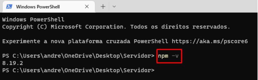 A imagem mostra  a tela do terminal do windows onde é executado o comando npm -v e exibe no terminal a versão 8.19.2 do NPM. 