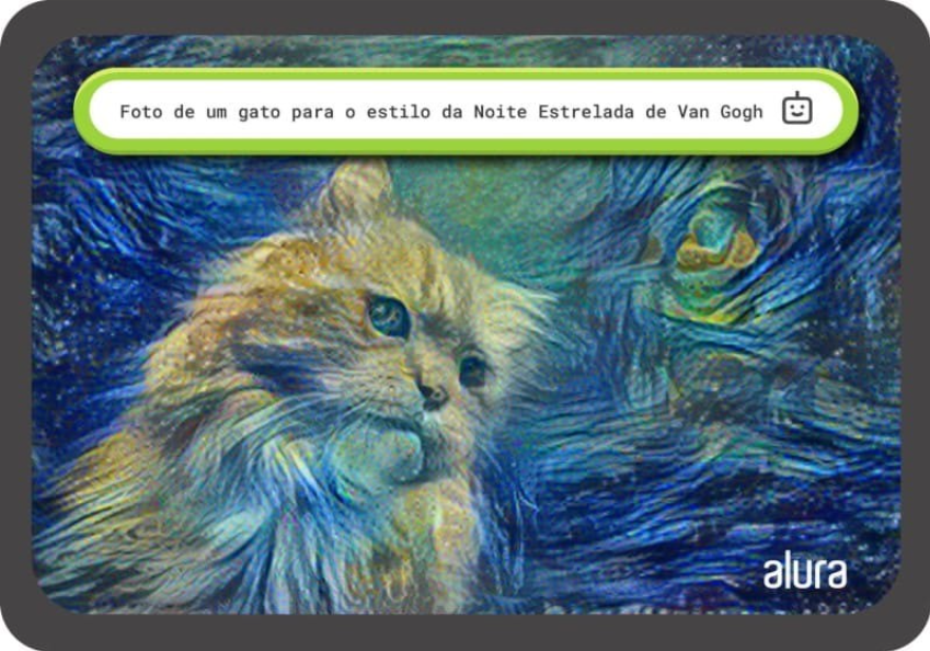 Imagem de um gato convertida para o estilo da pintura Noite Estrelada de Van Gogh com um balão de texto centralizado no topo da imagem. No balão, lê-se “Foto de um gato para o estila da Noite Estrelada de Van Gogh” e há um ícone de um robô à direita. 