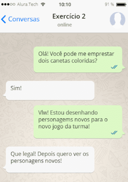 Screenshot de conversa em aplicativo de mensagens mostrando diálogo sobre empréstimo de canetas coloridas, ilustrando exemplo de erro gramatical ('dois canetas' em vez de 'duas canetas')