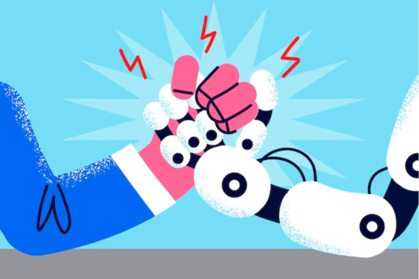 Imagem contendo uma ilustração de um braço humano e um braço de robô, realizando uma queda de braço. O fundo da imagem é azul claro, o braço robô é branco com detalhes em preto e o braço humano está coberto por uma manga comprida azul. 