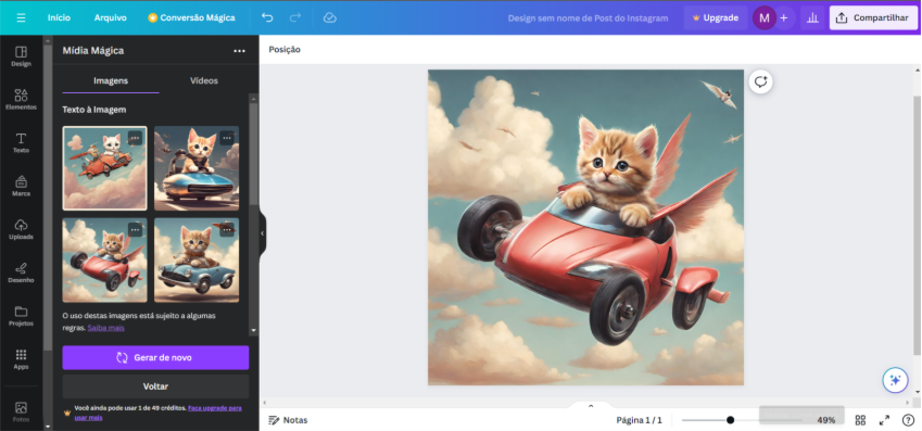 Printscreen do Canva após a IA deles gerar uma imagem de um gatinho dirigindo um carro voador. 
