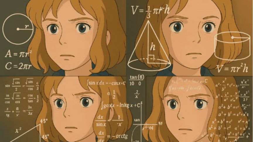 imagem gerada com IA no estilo Studio Glide, retratando uma mulher loira com expressão confusa e sobreposição de fórmulas matemáticas, em referência ao meme da Nazaré calculando, popularizado na internet.