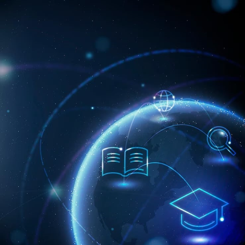 Imagem com o fundo azul escuro em que aparece o globo terrestre com contorno branco neon, rodeado de imagens com o mesmo contorno branco neon, relacionadas a educação e aprendizagem: capelo, livro e lupa. 