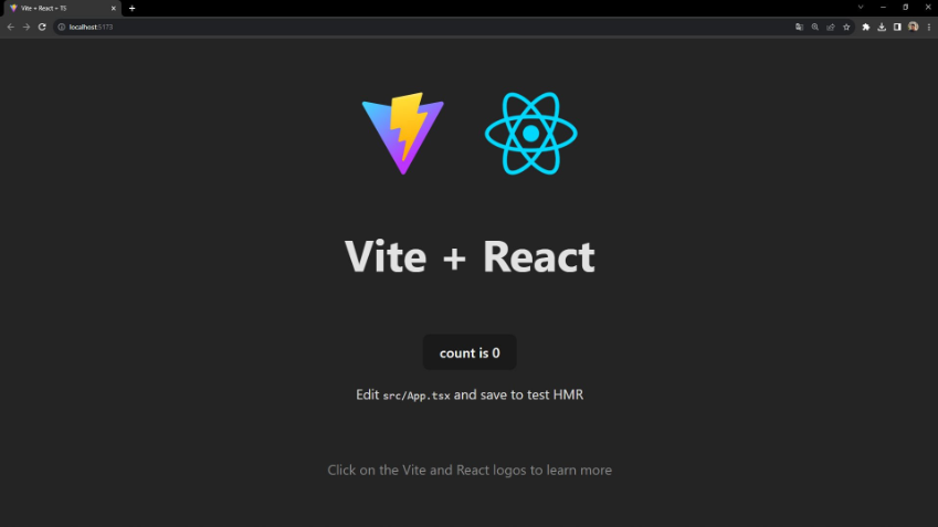 Captura de tela da tela inicial de uma aplicação React executada no navegador Chrome. Destacam-se dois logotipos: à esquerda, o logotipo do Vite (triângulo azul e rosa com um raio amarelo), e à direita, o logotipo animado do React (ícone de átomos azuis). Abaixo dos logotipos, há o título 'Vite + React', um botão de contador e instruções para editar o arquivo App.tsx e acessar a documentação das tecnologias. 