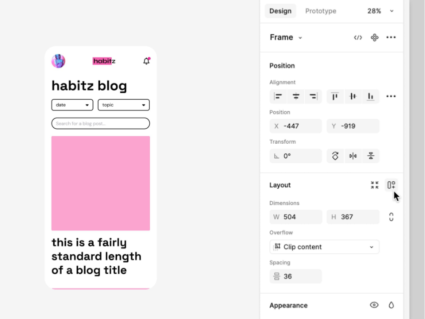 Screenshot da interface do Figma mostrando uma tela mobile e o painel de propriedades à direita, com destaque para o botão 'Use auto layout' que permite ativar o layout automático em um frame 