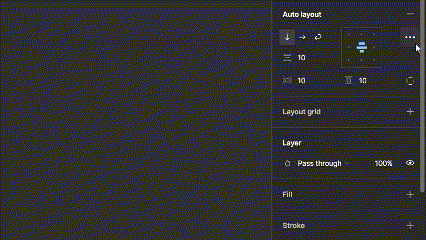 Gif animado mostrando como acessar o menu de configurações avançadas do Auto Layout clicando nos três pontos no canto superior direito próximo ao nome 'Auto layout' no painel de propriedades 