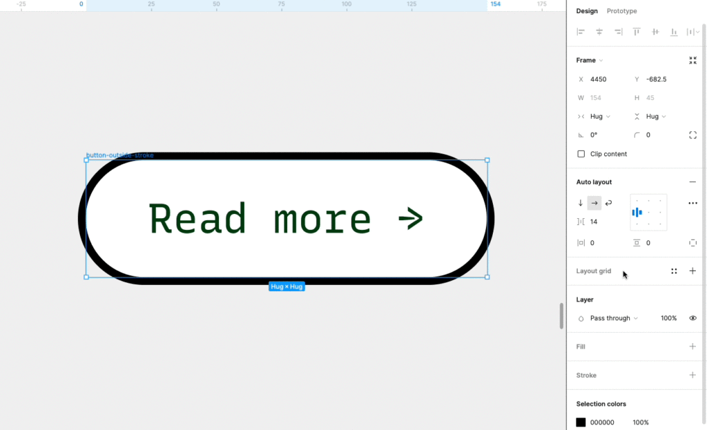 Gif animado demonstrando a propriedade 'Strokes' nas configurações avançadas do Auto Layout, mostrando as duas opções: 'Excluded' (bordas não são consideradas no layout) e 'Included' (bordas são incluídas no cálculo do layout) 