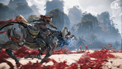 Gif animado de uma cena do jogo Horion Zero Dawn, para PS5. É possível notar a personagem principal, montada em um animal eletrónico, enquanto passam correndo por uma praia deserta de plantas e vegetação vermelha.