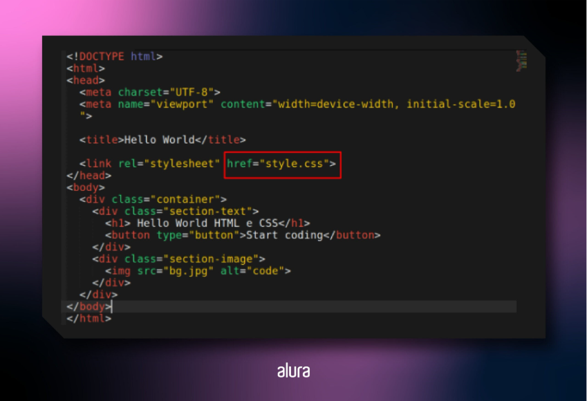 Código HTML mostrando como vincular arquivo CSS externo usando a tag <link> com o atributo href='style.css'.