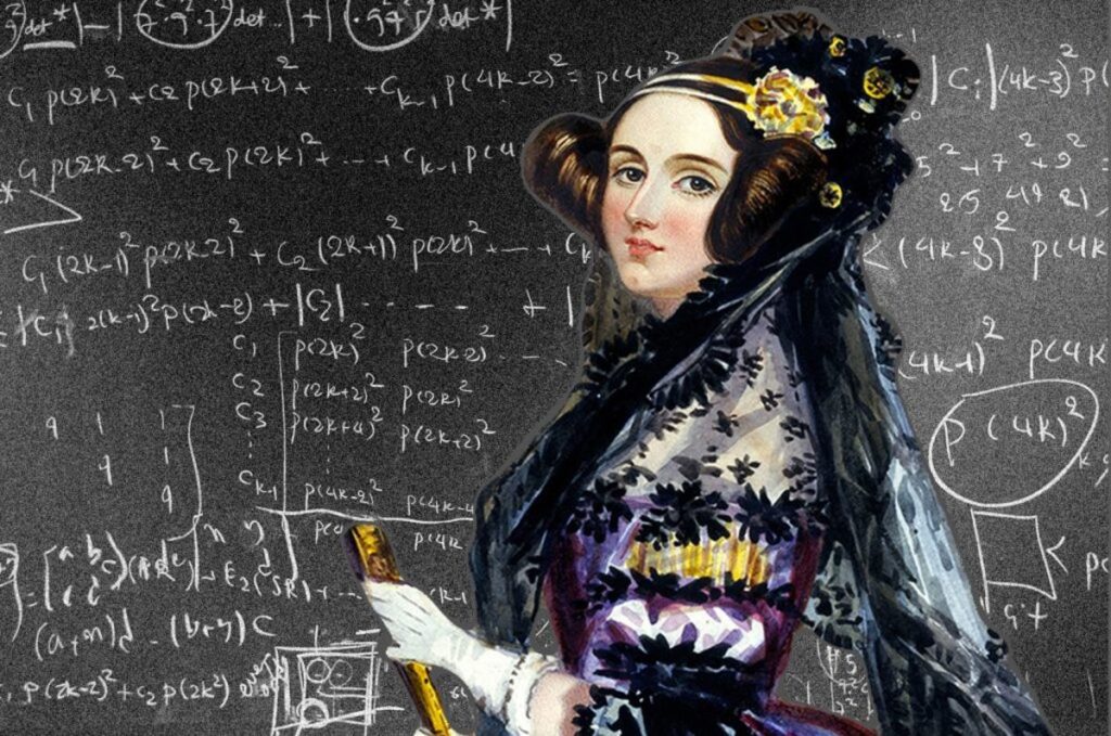 códigos de programação com pintura de Ada Lovelace na frente