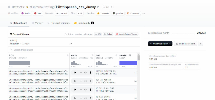 Captura de tela da página do dataset librispeech_asr_dummy no Hugging Face, mostrando abas Dataset card/Viewer/Files and versions/Community, botão 'Use this dataset', preview dos dados em formato tabular com colunas file, audio, text e speaker_id, e estatísticas de downloads  