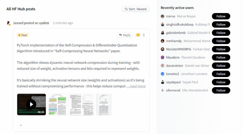 Captura de tela da seção Posts do Hugging Face mostrando feed de atividades da comunidade com posts sobre modelos e experimentos à esquerda, e painel lateral direito com lista de usuários recentemente ativos e botões 'Follow'  