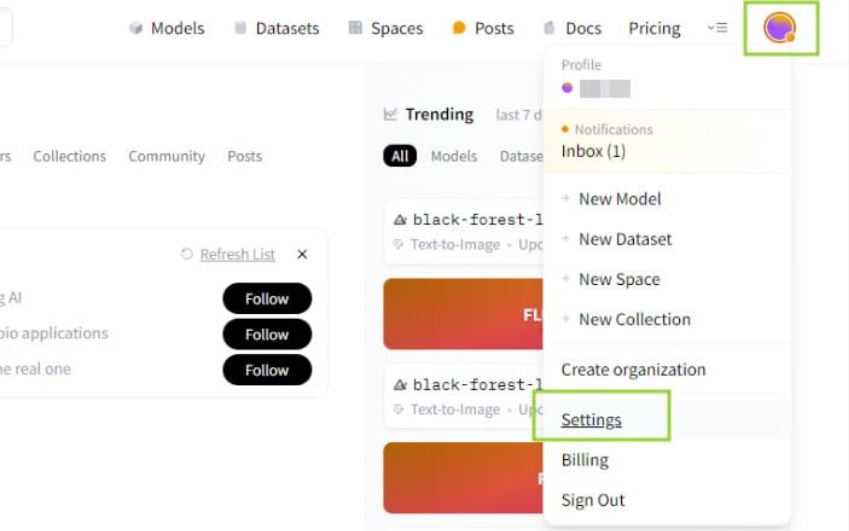 Captura de tela do menu dropdown de usuário do Hugging Face, acessado pelo ícone de perfil no canto superior direito, mostrando opções como Profile, Notifications, New Model, New Dataset, New Space, Settings (destacado por um retângulo verde), Billing e Sign Out.  