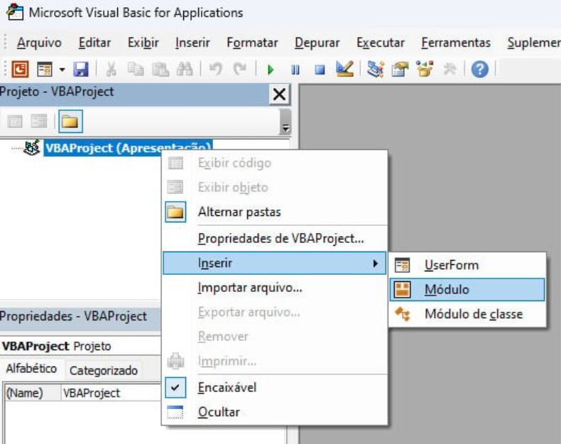 Editor VBA do PowerPoint mostrando menu contextual com opções 'Inserir' expandida, destacando a opção 'Módulo' para adicionar novo módulo ao projeto 